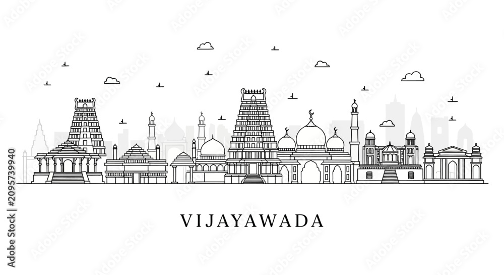 Obraz premium Vijayawada Skyline Outline - Famous Landmarks of India
