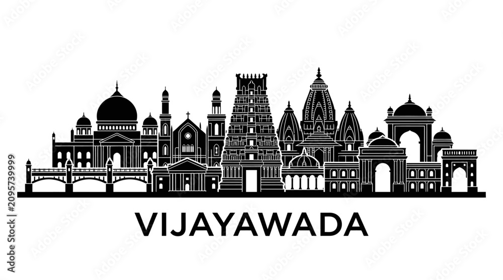 Fototapeta premium Vijayawada Skyline Silhouette - Famous Indian City Landmarks
