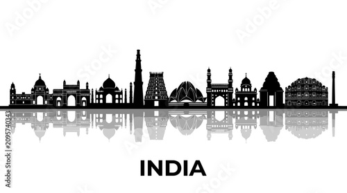 India Skyline Silhouette Vector with Famous Landmarks and Reflection - White Background