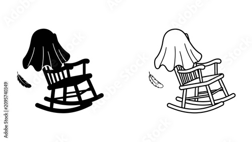 Fotografía Haunted Rocking Chair: A whimsical illustration of a rocking chair with a ghostly figure draped over it, accompanied by floating feathers, evokes a sense of mystery and the supernatural