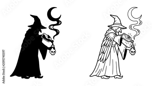 Obraz na płótnie Mysterious Wizard with Cauldron: An enigmatic wizard, cloaked and wearing a pointed hat, conjures mysterious smoke from a cauldron held in hand, under a crescent moon