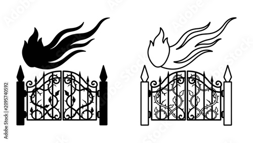 Schilderij op canvas Gates of Hell Iconography: A symbolic representation of the gates of hell, featuring ornate wrought-iron gates entwined with thorny vines, under the fiery descent of a comet or meteor