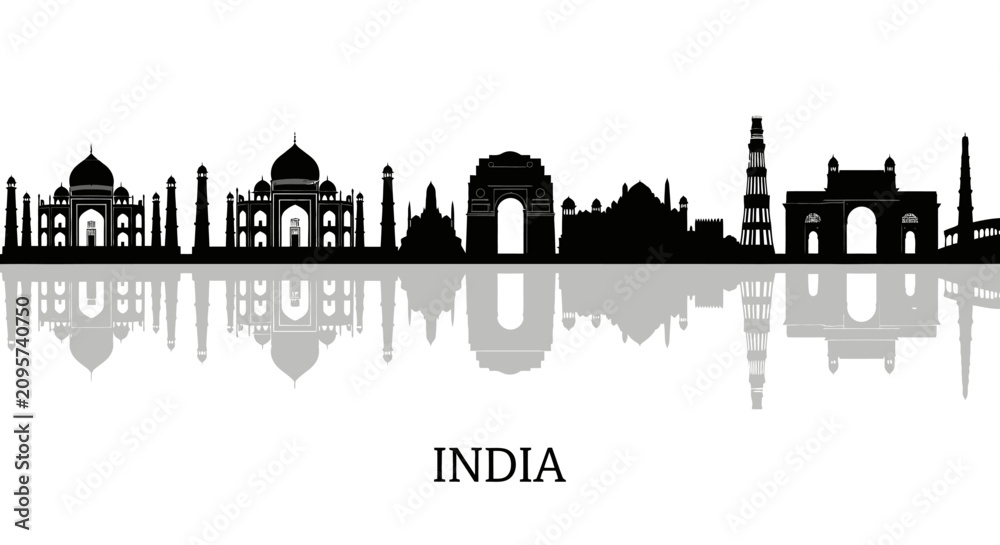 Naklejka premium India Skyline Silhouette - Famous Landmarks with Reflection