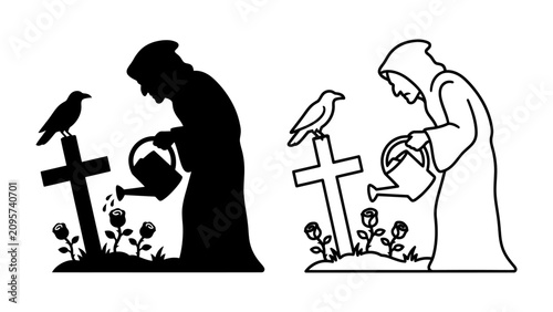Fotografie Monk and Raven at Cemetery: A cloaked figure waters flowers at a grave marked by a cross, with a raven perched nearby, presented in both silhouette and outline styles