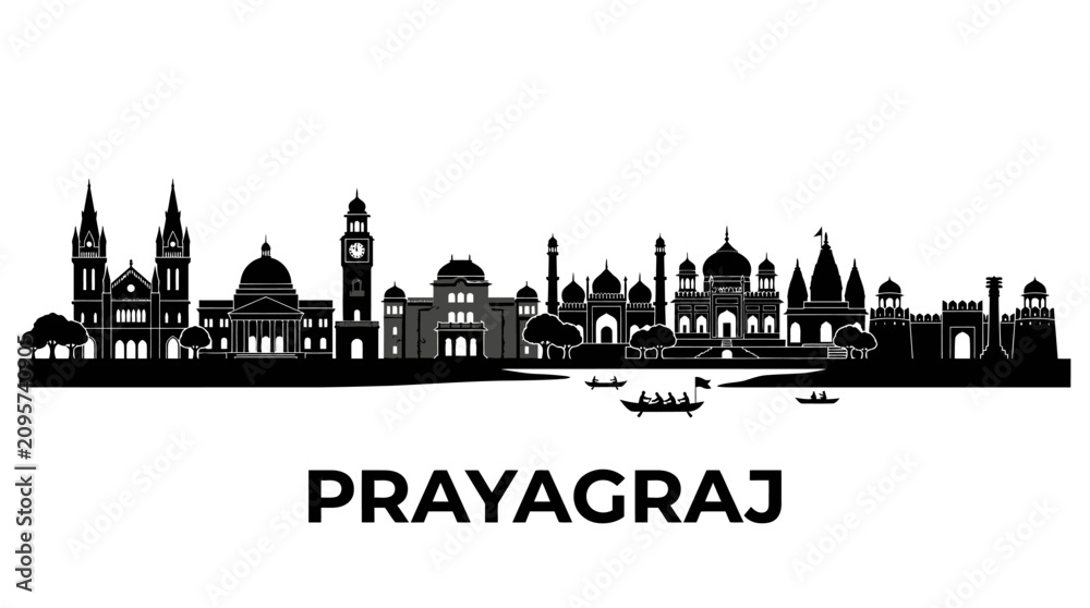 Fototapeta premium Prayagraj City Skyline Silhouette - Iconic Buildings and Ganges River Boats
