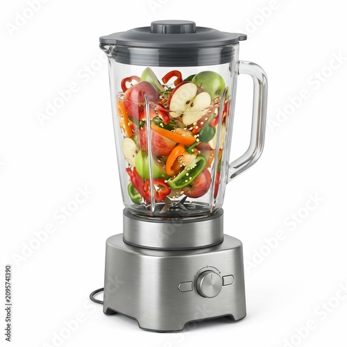 Modern Stainless Steel Countertop Blender Filled With Fresh Sliced Apples And Colorful Bell Peppers Isolated On White Background