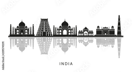 Indian Landmarks Skyline Silhouette | Taj Mahal, Qutub Minar, Temples | India Travel