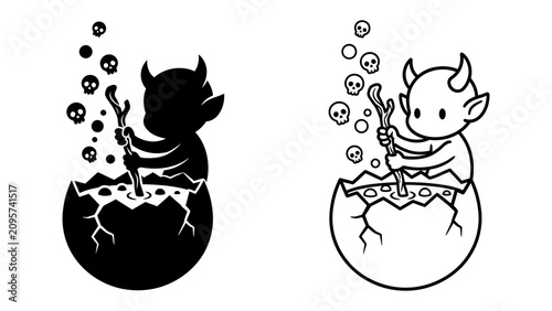 Quadro su tela Emergence of Evil: A small, horned creature with a mischievous grin hatches from a cracked egg, stirring a bubbling potion filled with tiny skull icons