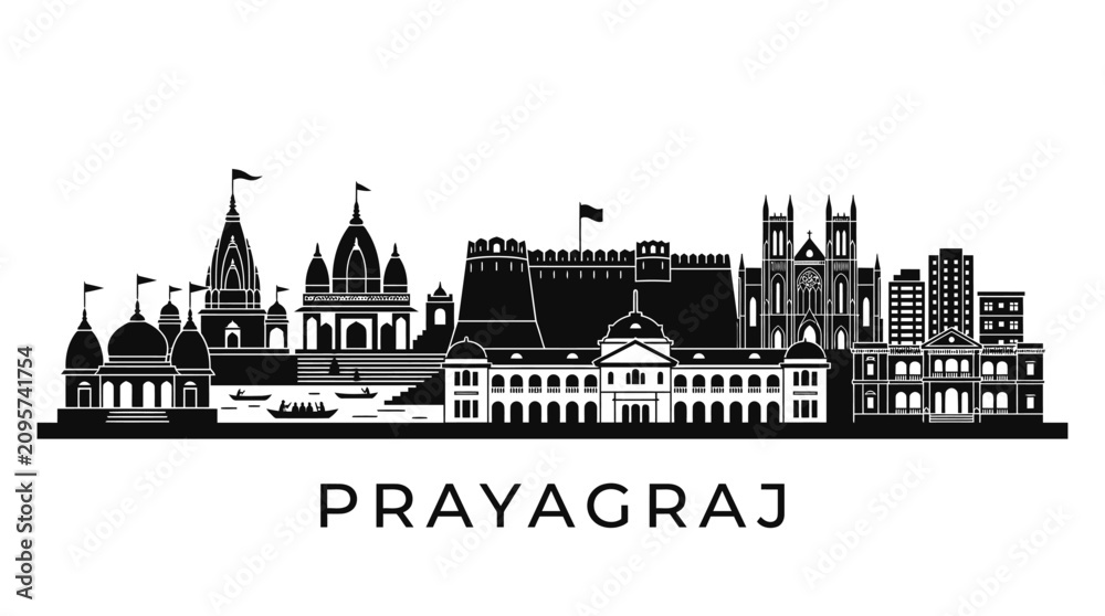 Obraz premium Prayagraj Cityscape Skyline Silhouette, India - Black and White Vector Illustration