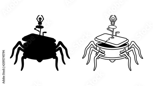 Schilderij op canvas Mechanical Ballerina Spider Illustration: A whimsical illustration depicting a spider-like automaton with a ballerina perched atop, showcasing a blend of mechanics and art