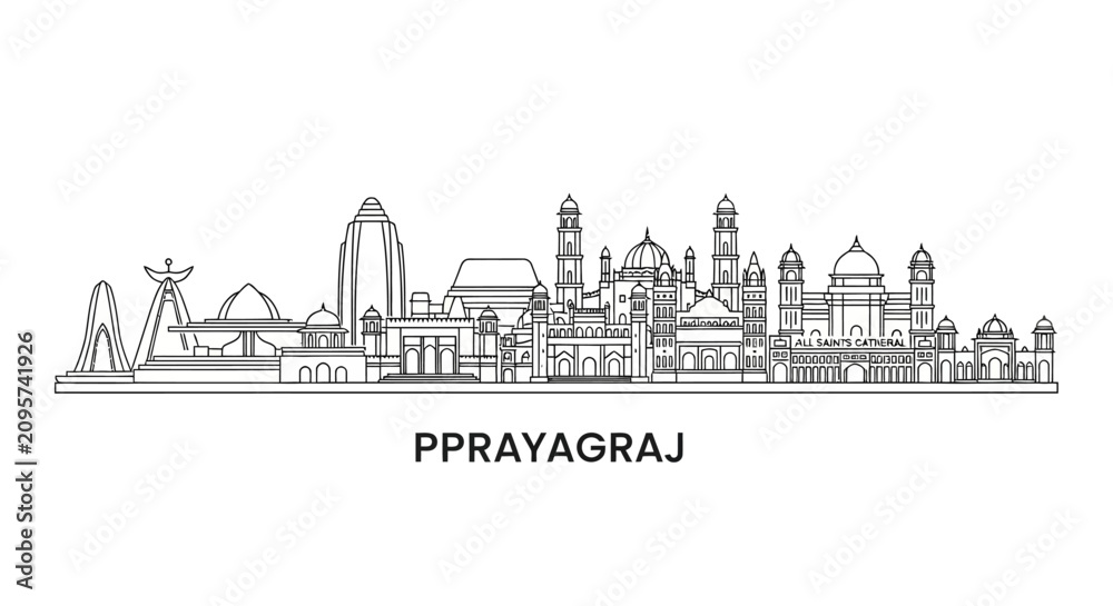 Obraz premium Prayagraj City Skyline Outline Illustration | India Landmarks