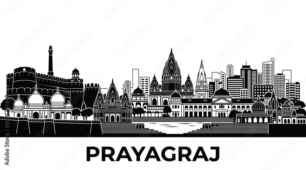 Fototapeta premium Prayagraj city skyline silhouette black and white vector illustration