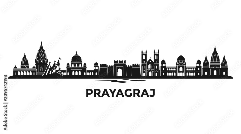 Obraz premium Prayagraj City Skyline Silhouette. India Architecture Landmark Panorama.
