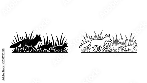 Obraz na plátne Fox Family Silhouette: A charming black silhouette and line art depiction of a fox mother guiding her two playful cubs through tall grass, evoking a sense of family and nature