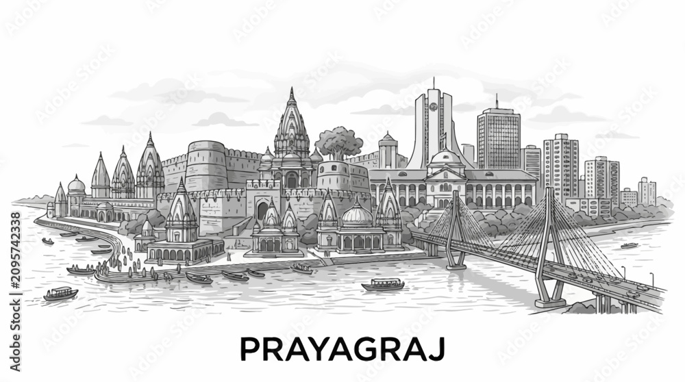 Fototapeta premium Prayagraj Cityscape: Historic Fort and Modern Skyscrapers by River Ganga