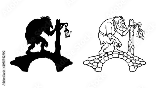 Quadro su tela Troll on Bridge Silhouette: A whimsical illustration depicts a troll, holding a