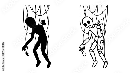 Konstfotografi Puppet's Lament: A black silhouette of a puppet hangs limply from strings, accom