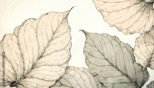 Detailed hand drawn leaves composition in delicate pencil sketch style on bright canvas.