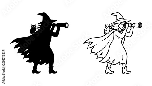 Bilde på lerret A Witch with Owl on Shoulder Looking Through Telescope: A witch with a cape and pointy hat, accompanied by an owl perched on her shoulder, gazes intently through a telescope