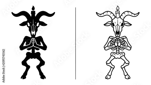 Принти на полотні Mysterious Baphomet Symbol: A striking depiction of the Baphomet, shown in both silhouette and outline form, with goat skull, skeletal body, and a candle on its head