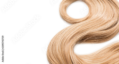 Blond hair curls isolated on white background, lock of hair, healthy and beauty dyed hair border design, salon, treatment, cure, dying concept. Close up, top view 