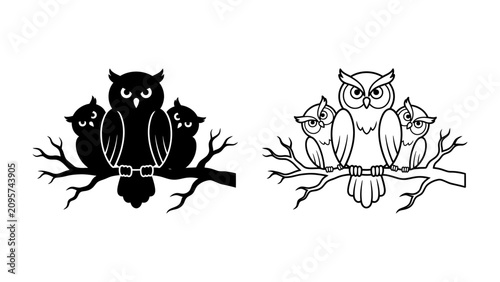 Obraz na plátne Family of Owls on a Branch: Two silhouettes of owls, one large and two small, sit on a tree branch