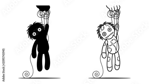 Принти на полотні Puppet Strings: Two unsettling puppet figures, one a stark silhouette and the other a stitched doll, hang suspended by intricate strings, evoking themes of control and helplessness