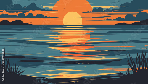 Ocean sunset with orange sun reflecting on calm water