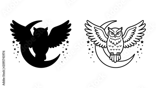 Bilde på lerret Celestial Owl: A majestic owl, rendered in both silhouette and line art, spreads its wings against a crescent moon, surrounded by twinkling stars, embodying nocturnal wisdom and mystery