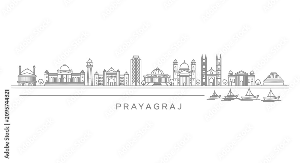 Obraz premium Prayagraj Skyline Panorama Outline Art - India City Landmark Vector