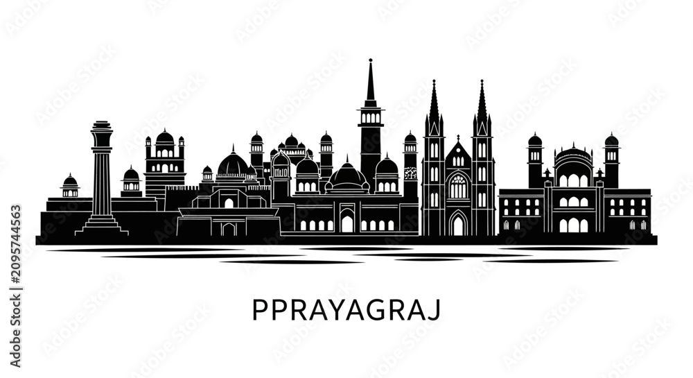 Obraz premium Prayagraj skyline silhouette, Indian architecture, historical landmarks vector art