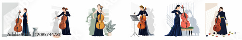 Konstfotografi Set of flat illustrations of elegant female cellists in formal dresses playing and posing with their instruments in various minimalist settings
