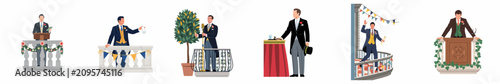Set of flat vector illustrations depicting men in formal morning suits and tuxedos giving speeches and announcements from decorated balconies and podiums.