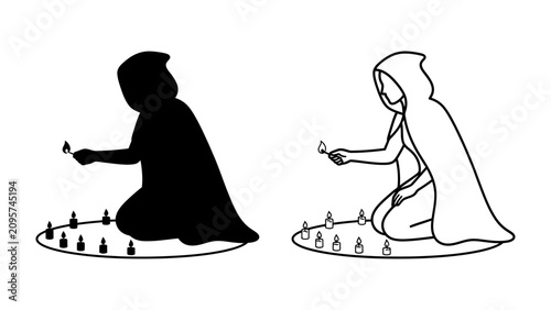 Принти на полотні Cloaked Figure Lighting Candles in Ritual Circle