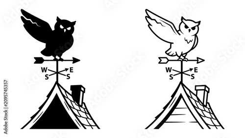 Cuadro en lienzo Owl Weather Vane Set: A silhouette and a line art illustration of an owl perched atop a weather vane, indicating direction on a roof