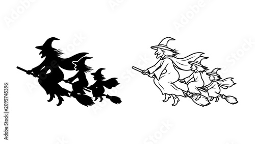 Konstfotografi Witches' Flight: A whimsical illustration depicting three witches on broomsticks soaring through the night sky, their silhouettes a stark contrast against a subtle background
