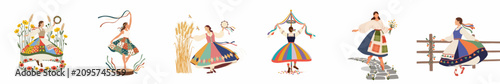 Collection of flat illustrations depicting women in traditional folk costumes dancing and celebrating rural traditions, harvest, and nature.