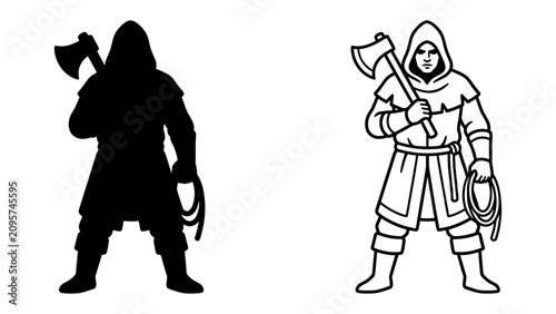 Tableau sur toile Medieval Executioner Silhouette and Line Art: A stark silhouette and a detailed line drawing of a medieval executioner holding an axe and a rope, ready for duty