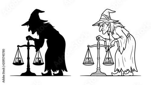 Foto Witch Weighing Spells: An illustration depicts a witch casting spells on a balance scale, with both a silhouette and a detailed drawing