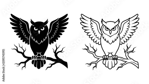 Bild auf Leinwand Owl Silhouette and Outline: A striking depiction of an owl perched on a branch, presented in both a solid black silhouette and a detailed line art outline