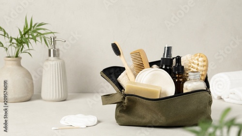 A Stylishly Organized Toiletry Bag Filled with Essential Grooming and Skincare Items for Personal Care and Daily Routine