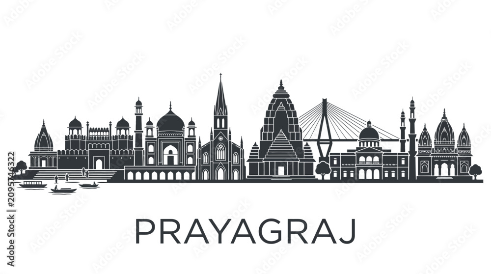 Fototapeta premium Prayagraj Skyline Silhouette with Temples and Bridges, India Travel