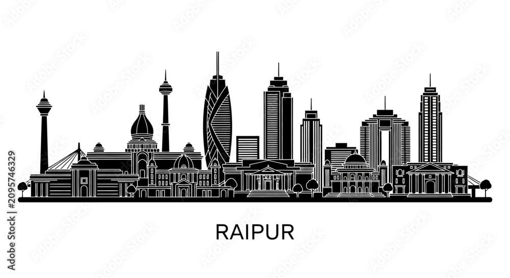 Obraz premium Raipur Cityscape Silhouette, Indian Architecture, Modern Buildings, Landmark Skyline