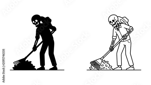 Bild auf Leinwand Skeleton Raking Leaves: Two stylized skeletons, one a black silhouette and the other a line drawing, diligently rake piles of leaves, symbolizing autumn work and the passage of time