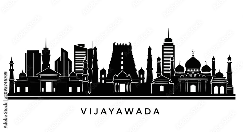 Obraz premium Vijayawada City Skyline Silhouette - Iconic Indian Landmarks