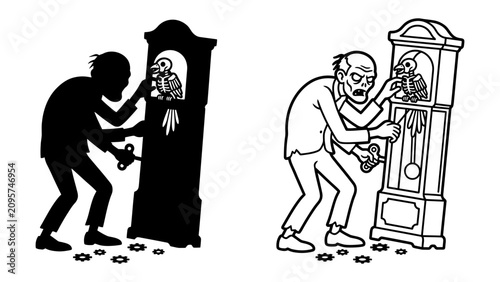 Foto Vintage Clockwork Zombie: A vintage illustration depicts a zombie with a wind-up key on its back, interacting with a grandfather clock featuring a cuckoo bird