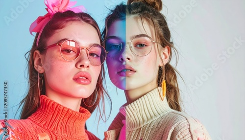 Dual Portrait of Stylish Young Women Wearing Round Glasses and Turtlenecks with Vibrant Lighting Split