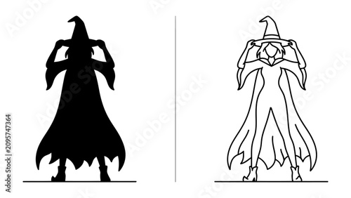 Bild auf Leinwand Witch Silhouette and Outline: A striking comparison of a witch, presented as a solid black silhouette and a detailed line art outline, both wearing a pointed hat and flowing cloak