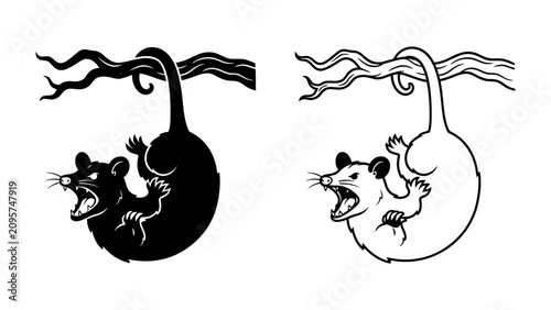 Photos Opossum hanging from branch: Two artistic renderings of an opossum, one in silhouette and the other in outline, depict the animal hanging precariously from a tree branch