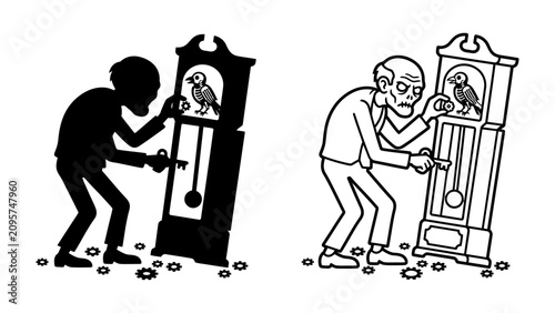 Obraz na plátně Creepy Grandfather Clock and Shadow Figure: A stylized illustration depicts an old man winding a grandfather clock while a dark shadow figure mimics his action, creating a sense of unease and mystery